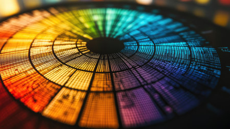 A detailed pie chart illustrating stock market shares, with each segment labeled and colored differently, displayed on a polished digital screen.の素材