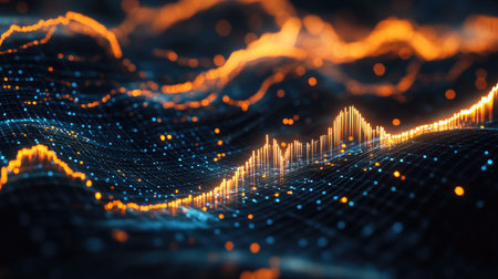 A line graph with a rising trend, highlighted data points, and a gradient background, representing growth and success in financial or business data.の素材