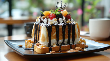 A creative arrangement of honey toast served with various toppings like chocolate sauce, nuts, and fruits, displayed on a trendy caf table.の素材