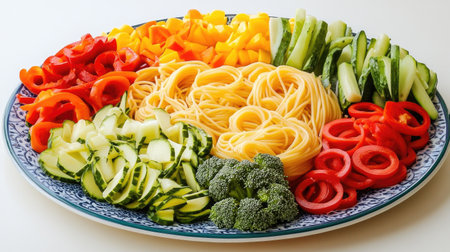 A colorful plate of spaghetti primavera, overflowing with vibrant seasonal vegetables, illustrating a healthy and delicious take on this classic dish.の素材