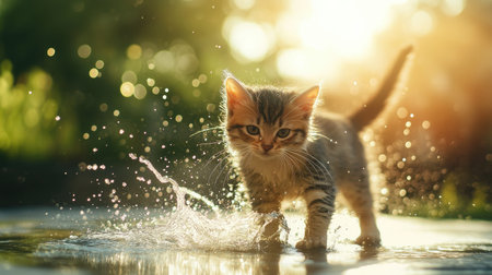 A kitten playing with water in a garden, splashing in a shallow puddle under the sunlight, with its fur slightly damp from the playful interaction.の素材