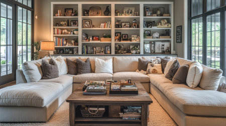 A family-friendly living room with a large sectional, a coffee table filled with books and toys, and shelves adorned with personal photos and mementos.の素材