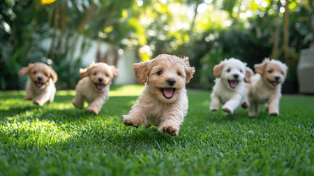A group of energetic puppies playfully chasing each other in a lush green yard, illustrating the joy and camaraderie of playful dog interactions.の素材