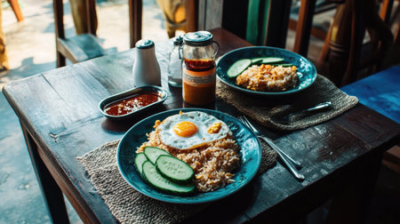 A cozy dining table set for two, featuring plates of Thai basil fried rice and fried eggs, alongside fresh cucumber slices and chili sauce.の素材