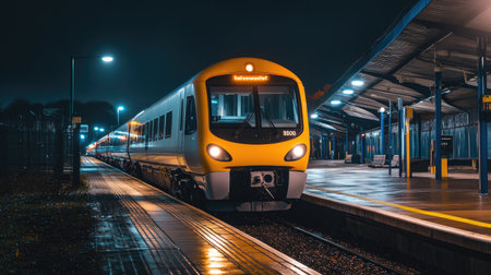 A nighttime shot of an electric train illuminated by platform lights as it arrives at a station, creating a dramatic and inviting atmosphere.の素材