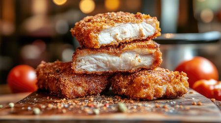 A dynamic shot of crispy fried chicken pieces being pulled apart, revealing juicy meat inside, with breadcrumbs and spices scattered on a wooden cutting board.の素材