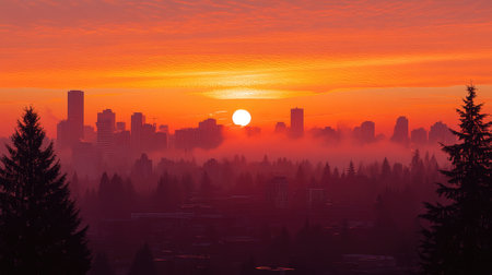 A dramatic sunset over a city skyline, with haze and pollution visible in the air, highlighting the effects of urban development on climate change.の素材