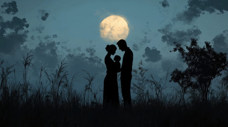 A mother and father silhouetted against a twilight sky, cradling their child, symbolizing love and protection in a serene outdoor setting.の素材