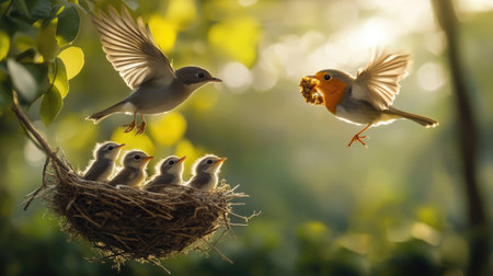 A dynamic view of a parent bird flying back to the nest with food, while baby birds eagerly await, showcasing the lively activity of avian life.の素材