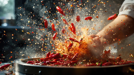 A dynamic cooking scene with a chef expertly adding chopped chili peppers to a sizzling stir-fry, capturing the intensity and excitement of preparing a spicy dish.の素材