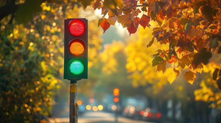 A picturesque image of a traffic light on a tree-lined street during autumn, with colorful leaves framing the scene, blending nature and urban life.の素材