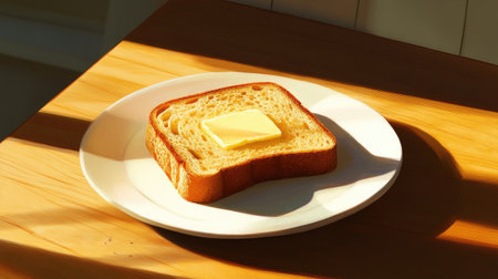 A perfectly toasted slice of bread, golden brown and crisp, placed on a clean white plate with a light butter spread, creating a simple yet inviting breakfast scene.の素材