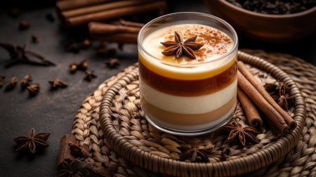 A traditional Thai tea glass with layered milk tea, set on a woven mat with cinnamon sticks, star anise, and tea leaves for a warm, inviting scene.の素材