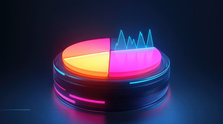 A rotating D pie chart with glowing financial data labels, illustrating the distribution of assets in a corporate investment portfolio on a sleek digital platform.の素材