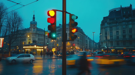 A time-lapse shot showing the progression of traffic lights changing colors in a busy city square, emphasizing the rhythm of city movement.の素材