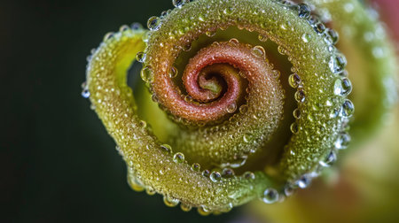 A close-up of a rosebud with dewdrops on its tightly curled petals, symbolizing new beginnings and freshness.の素材