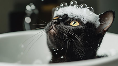 A black cat with soap bubbles on its head, looking up as it enjoys a bath in a deep white basin.の素材