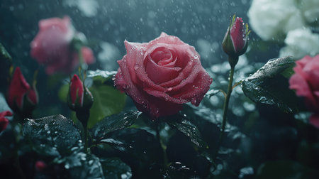 A close-up shot of a dewy rose surrounded by other blooming flowers, emphasizing the natural beauty of the garden.の素材
