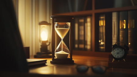 A close-up of an elegant hourglass with sand flowing smoothly through, resting on a wooden desk with soft lighting.の素材