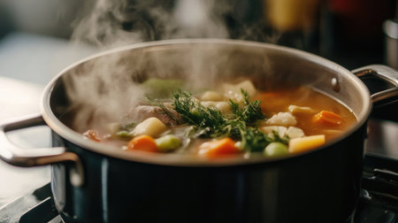 A close-up of a hot pot on the stove, steaming with rich broth and filled with fresh vegetables and meat.の素材