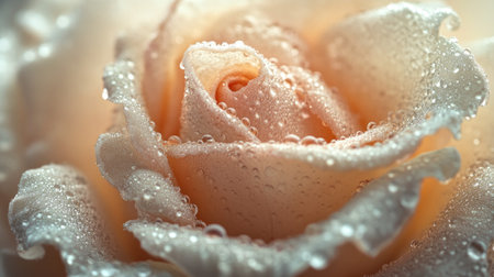 A close-up of a rosebud with dewdrops on its tightly curled petals, symbolizing new beginnings and freshness.の素材