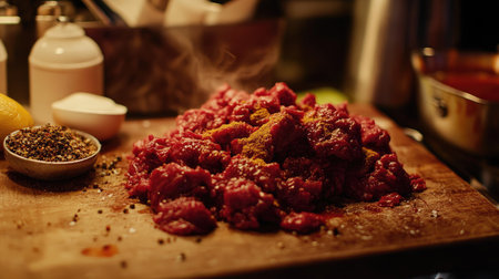 A close-up of fresh ground beef piled onto a cutting board, with spices and seasonings ready for seasoning.の素材