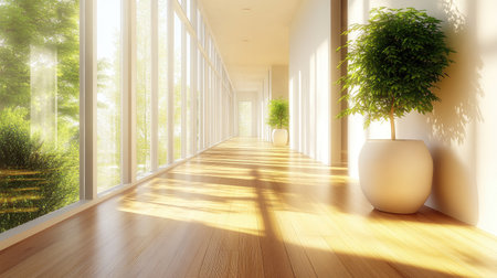 A bright Nordic hallway with wooden floors, simple decor, and natural lighting from large windows.の素材