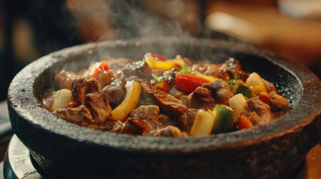 A close-up shot of a hot stone pot with sizzling meat and vegetables, ready to be served in a cozy restaurant.の素材