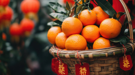 A close-up of golden oranges and tangerines placed in a bamboo basket, symbolizing good luck for Chinese New Year.の素材