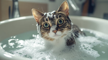 A cat with a clean, soapy head after being bathed, surrounded by bubbles and water in a pet-friendly tub.の素材