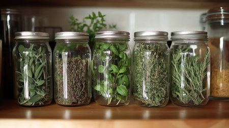 A collection of dried herbs like oregano, basil, and thyme in glass jars, placed on a wooden kitchen shelf.の素材