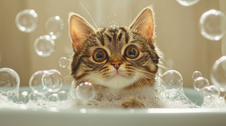 A cute tabby cat with a playful expression, surrounded by bubbles while being bathed in a small tub.の素材