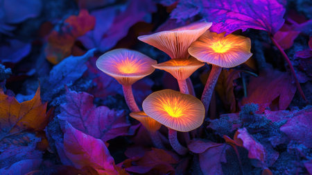 A vibrant macro photograph of glowing mushrooms nestled among fallen leaves, with the soft light highlighting the textures and colors of the surrounding forest floor.の素材