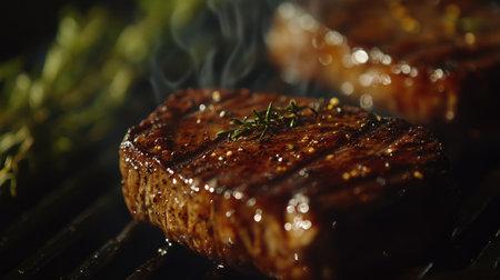 A close-up of a juicy steak on a sizzling hot grill, with beautiful grill marks and a hint of smoky char, ready to be served with a side of herbs and spices.の素材