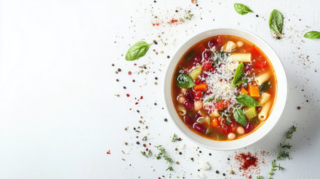 A vibrant bowl of minestrone soup filled with fresh vegetables, beans, and pasta, garnished with a sprinkle of Parmesan cheese against a white backdrop.の素材