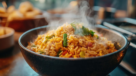 A close-up shot of steaming curry fried rice served in a bowl, showcasing the mix of colorful ingredients and aromatic spices in a cozy dining setting.の素材