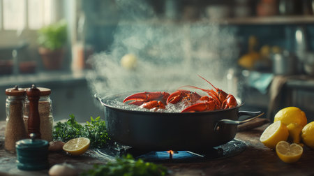 A rustic kitchen setup featuring a pot of boiling water with lobsters being prepared, surrounded by fresh herbs, lemon slices, and spices, capturing the cooking process.の素材