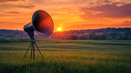 A portable loudspeaker on a metal stand, placed in an open field with a sunset in the background, symbolizing readiness for an outdoor announcement.の素材
