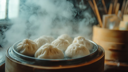A close-up shot of steaming hot bao buns filled with savory pork, with a hint of steam rising, highlighting the fluffy texture and mouthwatering filling.の素材