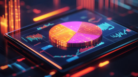 Multiple D pie charts hovering over a digital tablet, showcasing complex financial data and investment portfolios, with graphs and charts around the screen.の素材