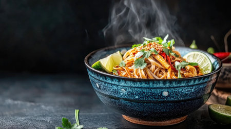 A vibrant bowl of steaming boat noodles garnished with fresh herbs, lime wedges, and chili flakes, showcasing the rich colors and textures of this beloved dish.の素材