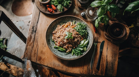 A rustic wooden table with a plate of Thai basil fried rice and a side of fresh vegetables, evoking a home-cooked meal's warmth and comfort.の素材