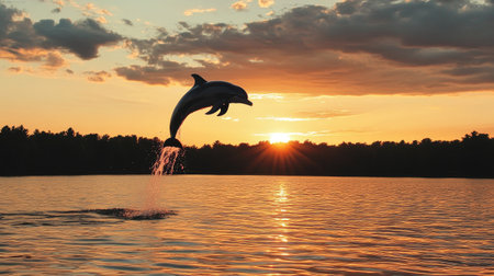 A silhouette of a dolphin jumping against a colorful sunset, creating a stunning and dramatic image that captures the beauty of nature.の素材