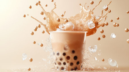 A whimsical image of bubble tea spilling out of a cup, with pearls and ice flying, capturing the fun and playful nature of enjoying this treat.の素材