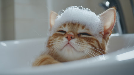 A cute cat enjoying a bath, with bubbles gently covering its head and a playful expression on its face.の素材