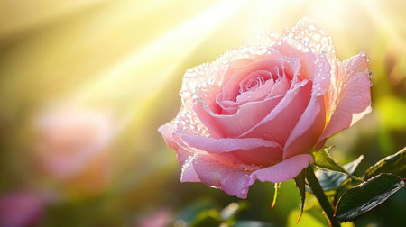 A close-up of a rose with water droplets sparkling in the sunlight, capturing the perfect moment of natural beauty.の素材