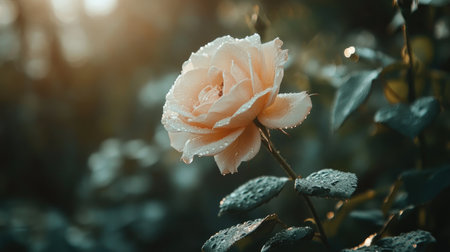 A close-up of a rose with water droplets sparkling in the sunlight, capturing the perfect moment of natural beauty.の素材