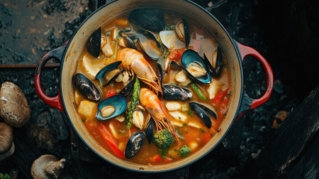 A colorful and hot simmering pot of broth filled with fresh seafood, vegetables, and mushrooms, perfect for sharing.の素材