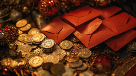 A close-up of red envelopes  filled with money, surrounded by gold coins and Chinese ornaments.の素材