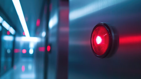 A close-up of a red fire alarm button on a wall, with bright warning lights flashing in a modern office building.の素材